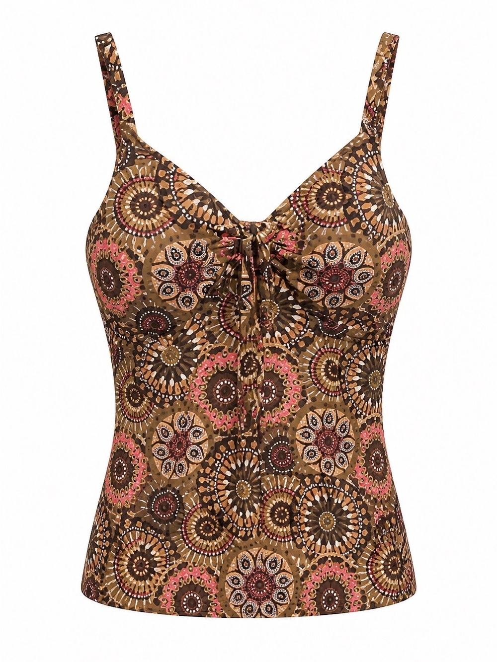 Brown Medallion Print Tankini Top with brown boy shorts bottom.